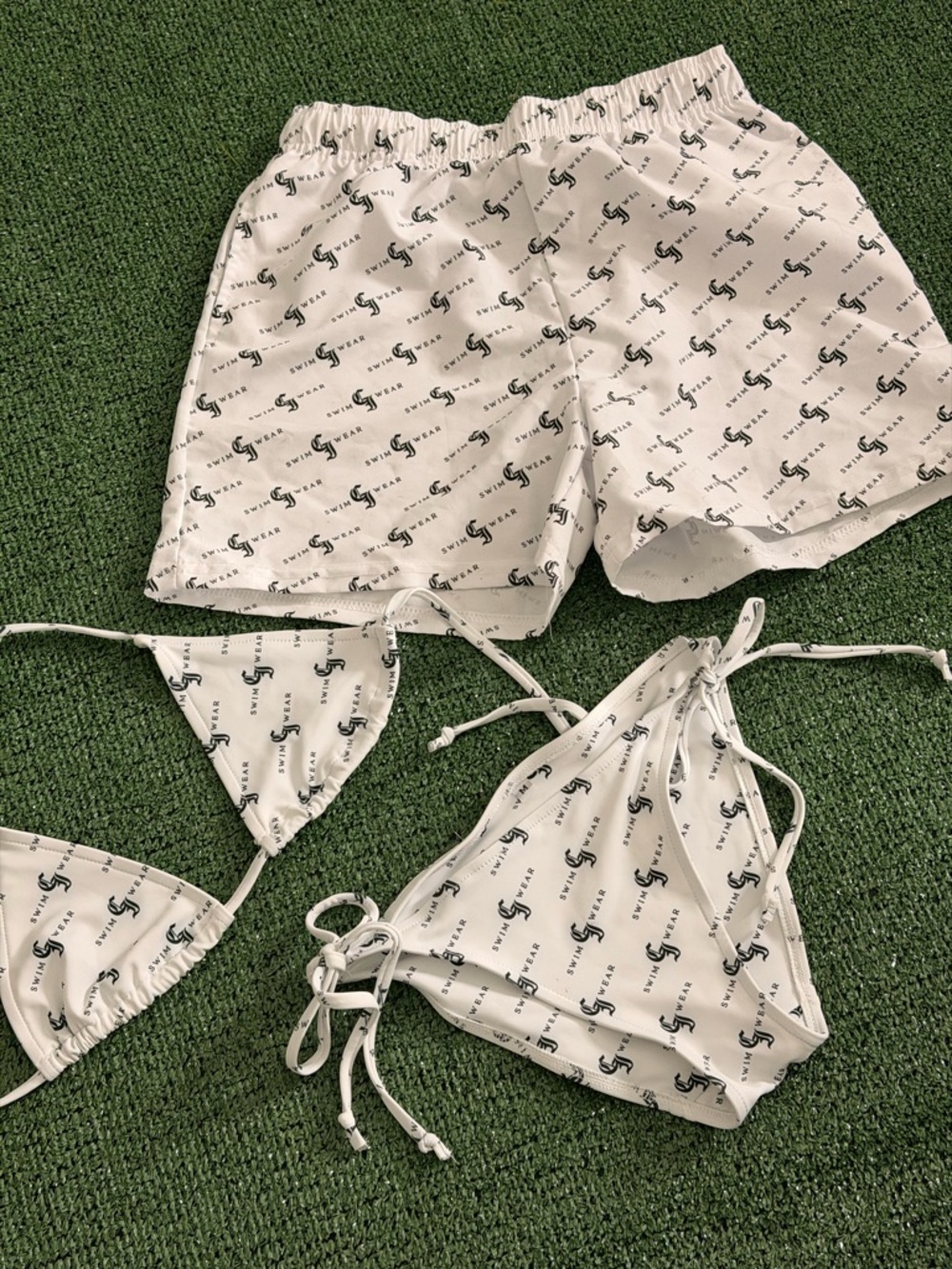 White Logo-Print Triangle Bikini Set and Swim Shorts